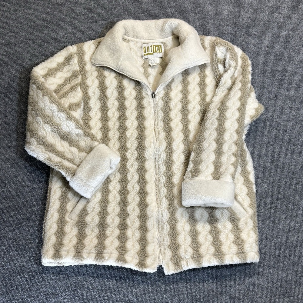 Vintage Duffel Fleece Jacket Teddy Bear cable patterned jacket  beige and ivory